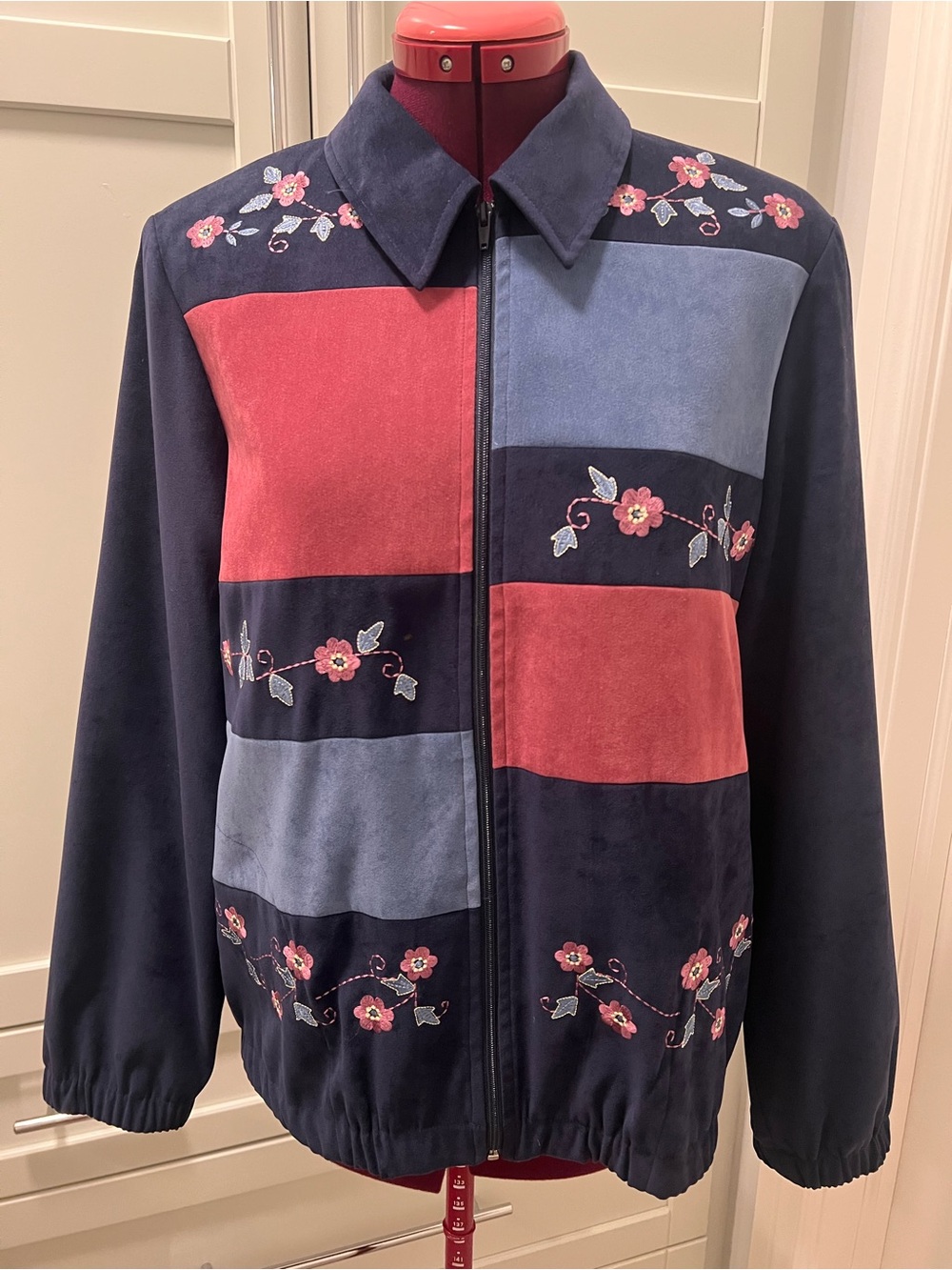 Vintage TANJAY Embroidered Faux Suede Patchwork Zip Colorblock Bomber Jacket 8